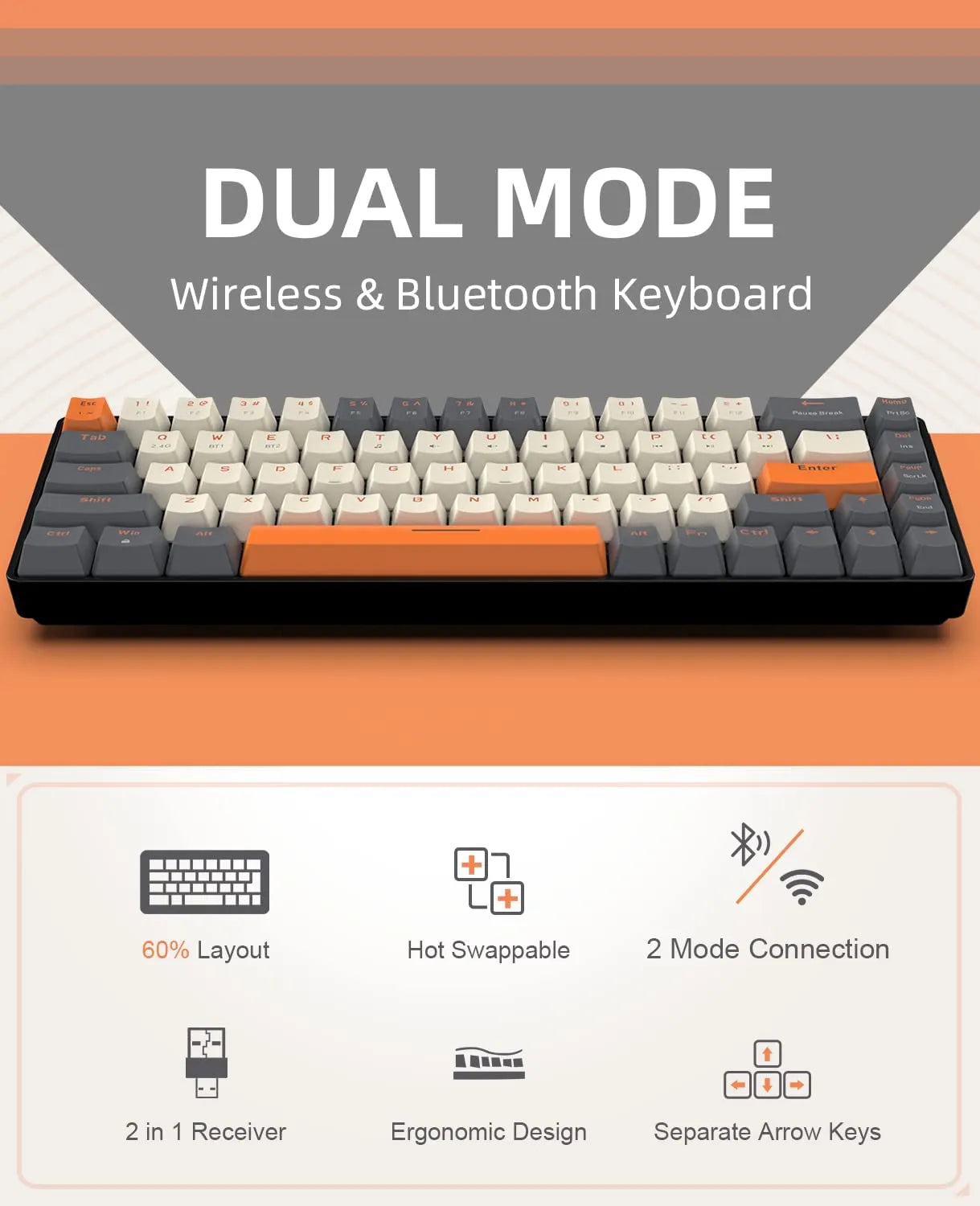 Compact Wireless Mechanical Keyboard - 68 Key Swappable