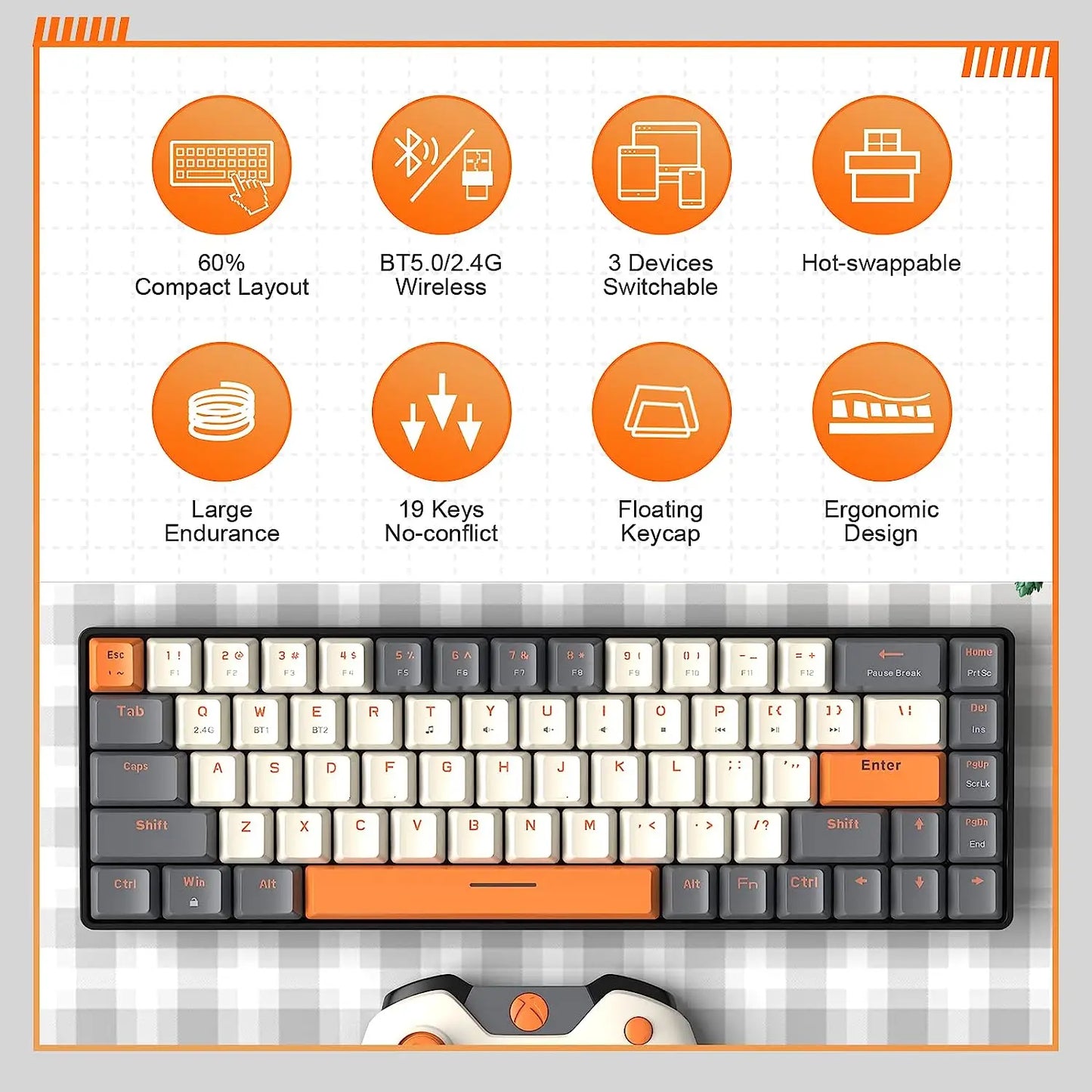 Compact Wireless Mechanical Keyboard - 68 Key Swappable