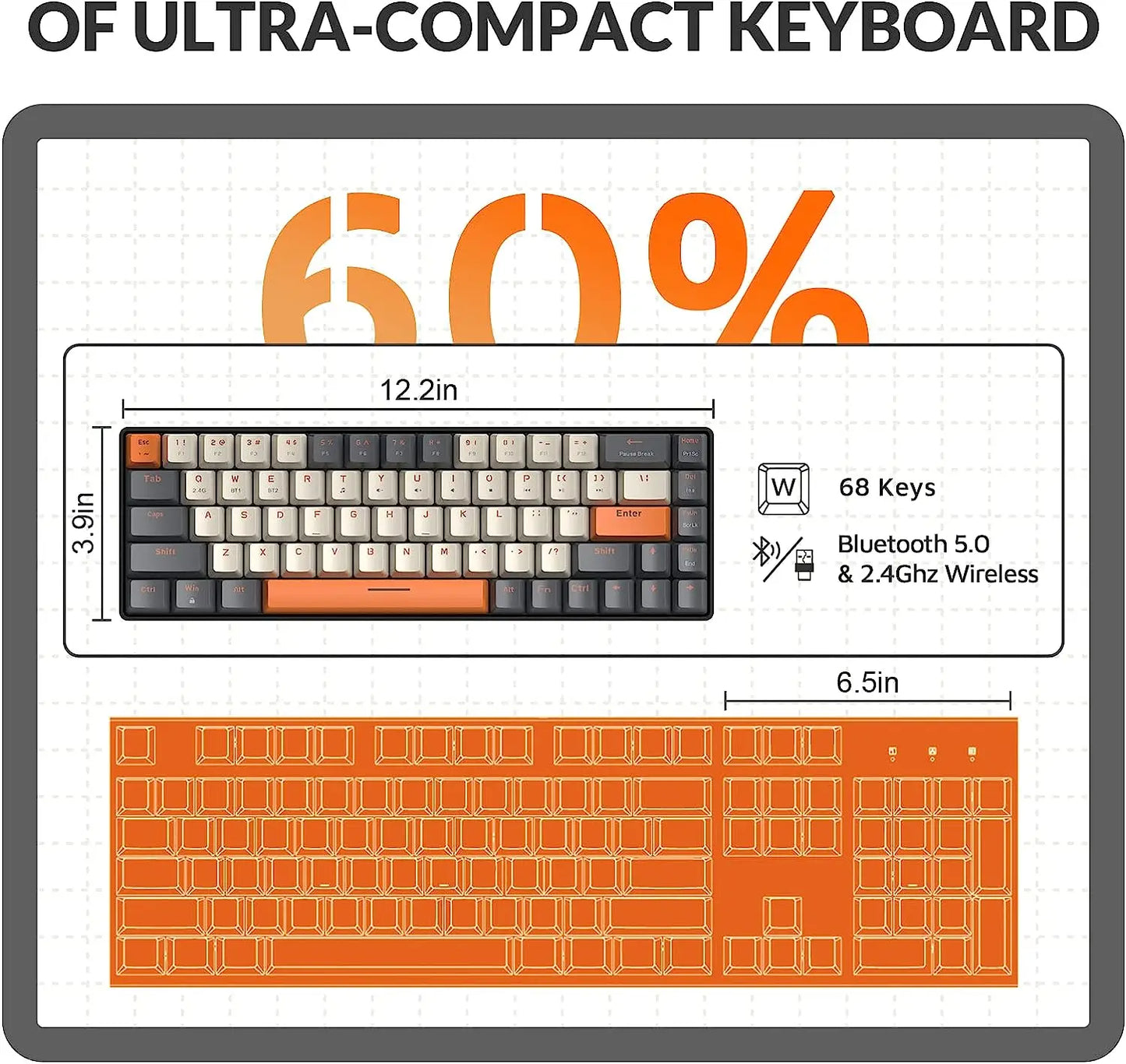 Compact Wireless Mechanical Keyboard - 68 Key Swappable